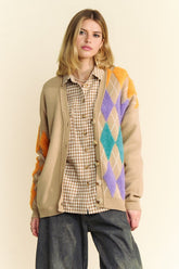 Davi & Dani Argyle V-Neck Dropped Shoulder Women's Cardigan - Chic & Cozy Style